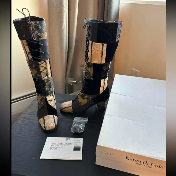 🖤RARE GOTH DREAMS Vintage 80s90s Knee High Velvet Tapestry Patchwork Boots🖤 - Picture 5 of 16